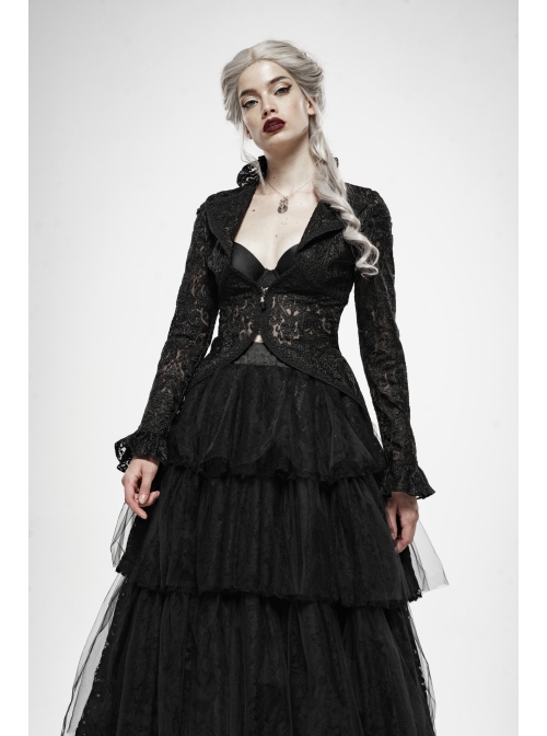 Lotus-Leaf-Side Collar Front Metal Zipper Long Sleeve Back Hollow-Out Lace-Up Black Gothic Lace Coat