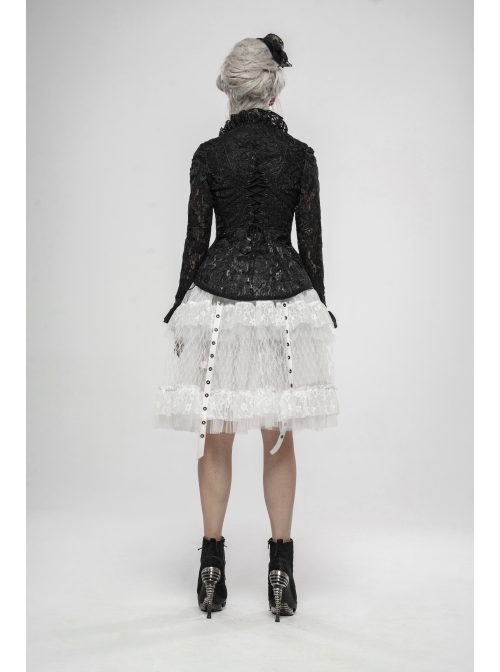 Lotus-Leaf-Side Collar Front Metal Zipper Long Sleeve Back Hollow-Out Lace-Up Black Gothic Lace Coat
