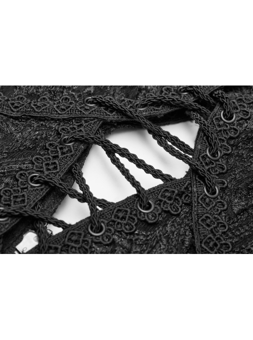 Lotus-Leaf-Side Collar Front Metal Zipper Long Sleeve Back Hollow-Out Lace-Up Black Gothic Lace Coat