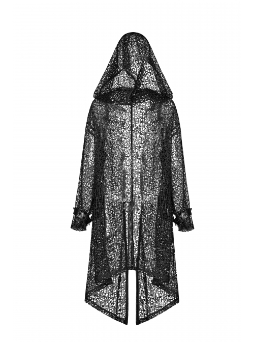 Black Long Sleeve Metal Buckle Cuff Punk Bright Knitting Mesh Hooded Women Coat