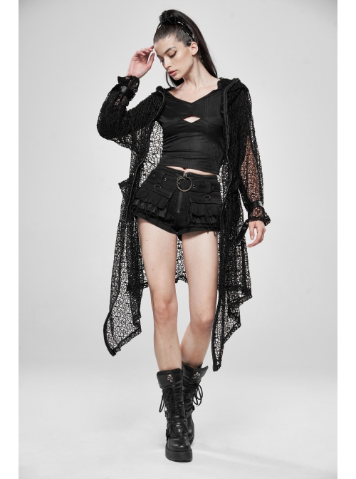 Black Long Sleeve Metal Buckle Cuff Punk Bright Knitting Mesh Hooded Women Coat