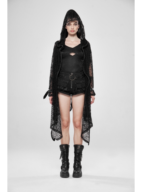 Black Long Sleeve Metal Buckle Cuff Punk Bright Knitting Mesh Hooded Women Coat