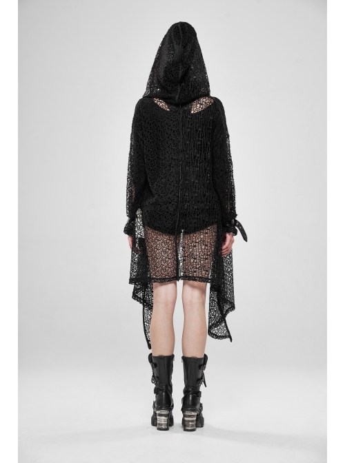 Black Long Sleeve Metal Buckle Cuff Punk Bright Knitting Mesh Hooded Women Coat