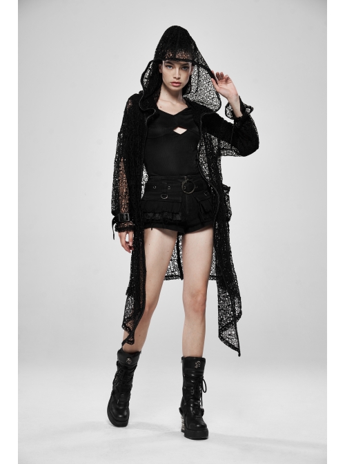 Black Long Sleeve Metal Buckle Cuff Punk Bright Knitting Mesh Hooded Women Coat