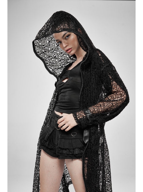 Black Long Sleeve Metal Buckle Cuff Punk Bright Knitting Mesh Hooded Women Coat