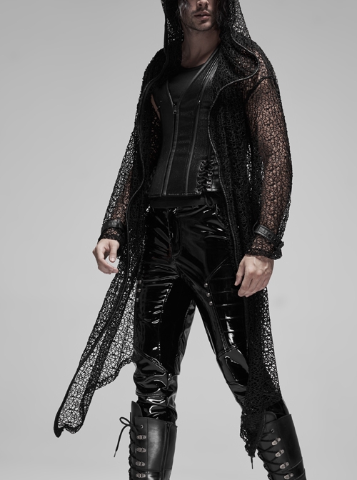 Black Long Sleeve Metal Buckle Cuff Punk Bright Knitting Mesh Hooded Men Coat