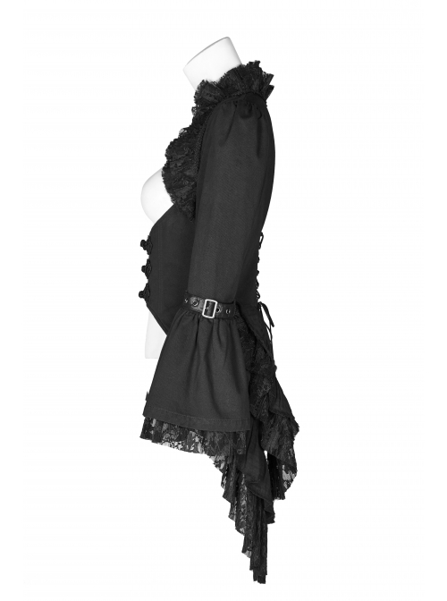 Stand-Up Collar Front Decoration Buckle Flare Sleeve Back Waist Lace-Up Frill Lace Rear Hem Black Gothic Coat