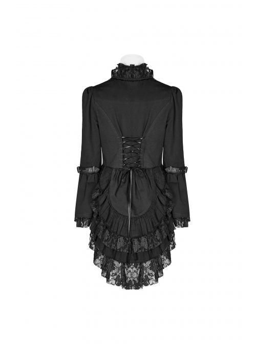 Stand-Up Collar Front Decoration Buckle Flare Sleeve Back Waist Lace-Up Frill Lace Rear Hem Black Gothic Coat