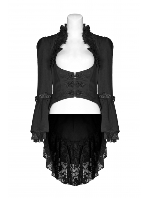 Stand-Up Collar Front Decoration Buckle Flare Sleeve Back Waist Lace-Up Frill Lace Rear Hem Black Gothic Coat
