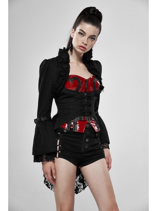 Stand-Up Collar Front Decoration Buckle Flare Sleeve Back Waist Lace-Up Frill Lace Rear Hem Black Gothic Coat