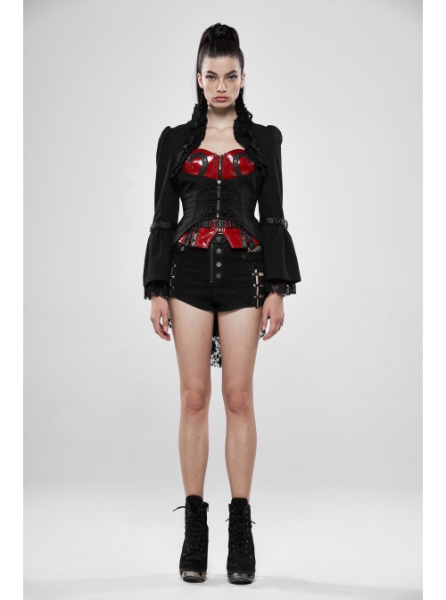 Stand-Up Collar Front Decoration Buckle Flare Sleeve Back Waist Lace-Up Frill Lace Rear Hem Black Gothic Coat