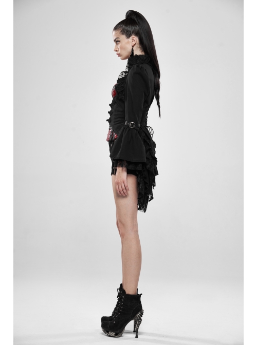 Stand-Up Collar Front Decoration Buckle Flare Sleeve Back Waist Lace-Up Frill Lace Rear Hem Black Gothic Coat