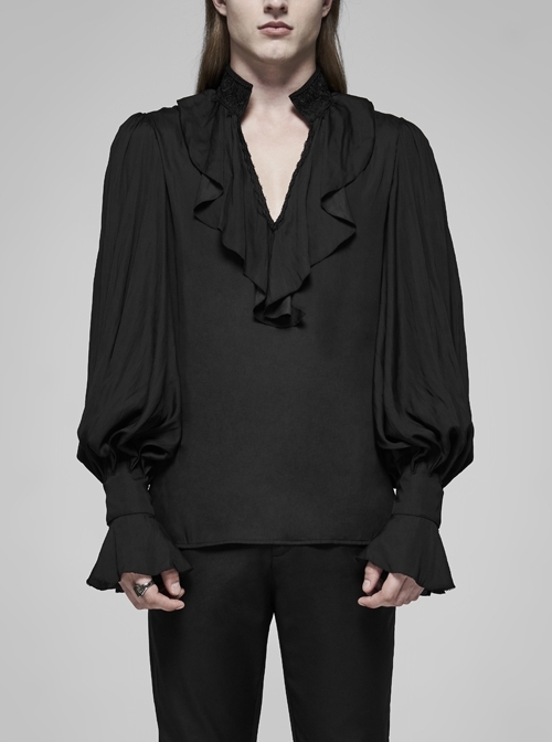V-Neck Front Chest Flounces Pleated Bubble Sleeve Black Gothic Shirt