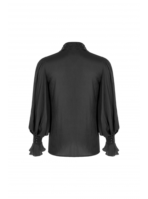 V-Neck Front Chest Flounces Pleated Bubble Sleeve Black Gothic Shirt