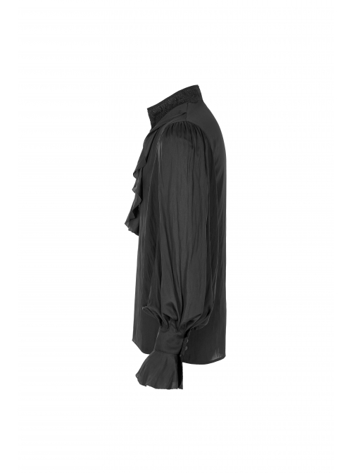 V-Neck Front Chest Flounces Pleated Bubble Sleeve Black Gothic Shirt