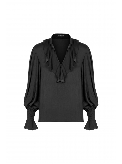 V-Neck Front Chest Flounces Pleated Bubble Sleeve Black Gothic Shirt