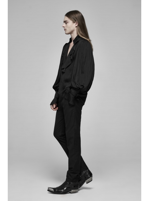 V-Neck Front Chest Flounces Pleated Bubble Sleeve Black Gothic Shirt