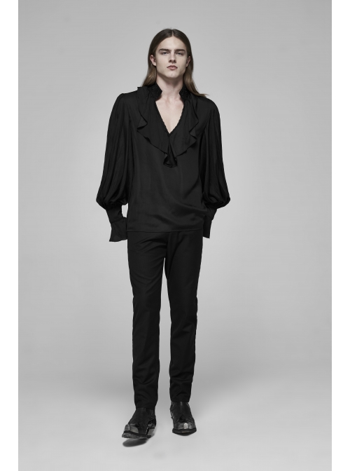 V-Neck Front Chest Flounces Pleated Bubble Sleeve Black Gothic Shirt