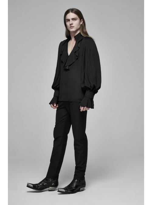 V-Neck Front Chest Flounces Pleated Bubble Sleeve Black Gothic Shirt