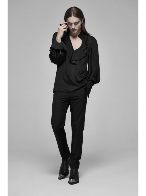 V-Neck Front Chest Flounces Pleated Bubble Sleeve Black Gothic Shirt