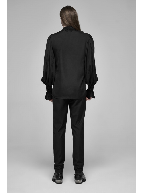 V-Neck Front Chest Flounces Pleated Bubble Sleeve Black Gothic Shirt
