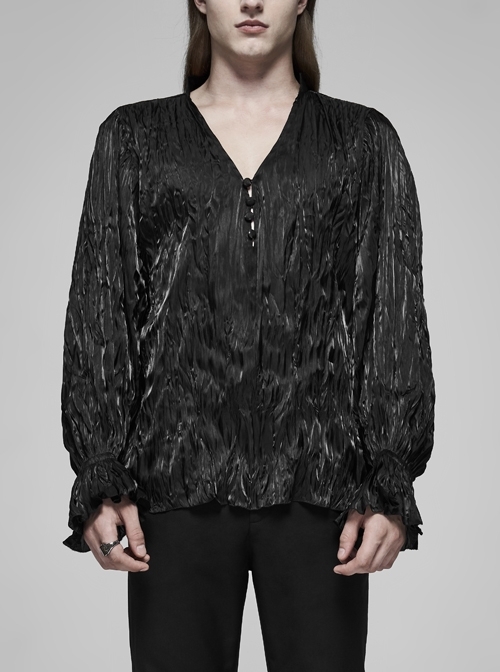V-Neck Collar Front Chest Decoration Button Long Sleeve Flounce Cuff Black Gothic Pleated Shirt