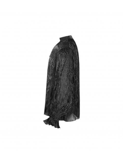V-Neck Collar Front Chest Decoration Button Long Sleeve Flounce Cuff Black Gothic Pleated Shirt