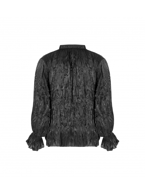 V-Neck Collar Front Chest Decoration Button Long Sleeve Flounce Cuff Black Gothic Pleated Shirt