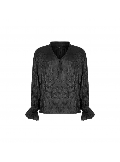 V-Neck Collar Front Chest Decoration Button Long Sleeve Flounce Cuff Black Gothic Pleated Shirt