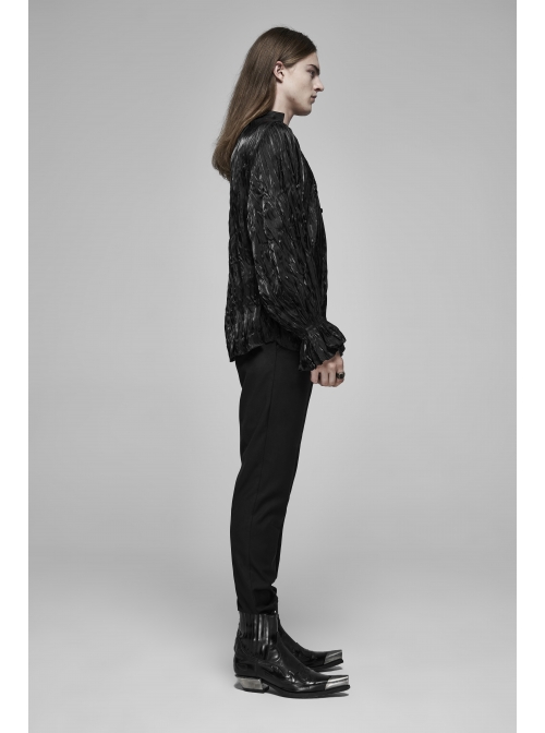 V-Neck Collar Front Chest Decoration Button Long Sleeve Flounce Cuff Black Gothic Pleated Shirt