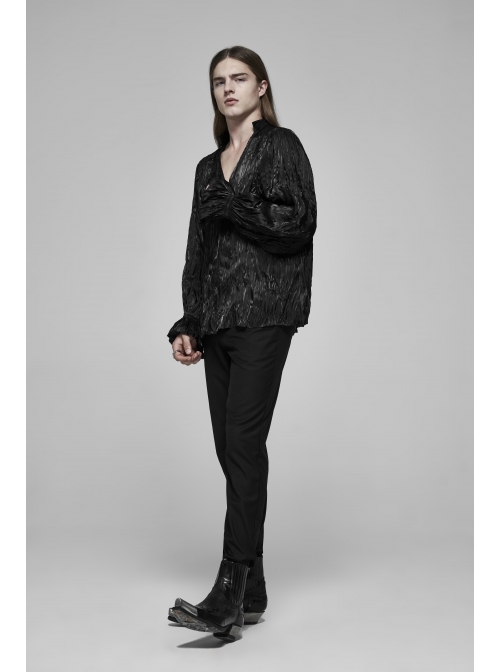 V-Neck Collar Front Chest Decoration Button Long Sleeve Flounce Cuff Black Gothic Pleated Shirt