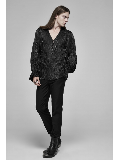 V-Neck Collar Front Chest Decoration Button Long Sleeve Flounce Cuff Black Gothic Pleated Shirt