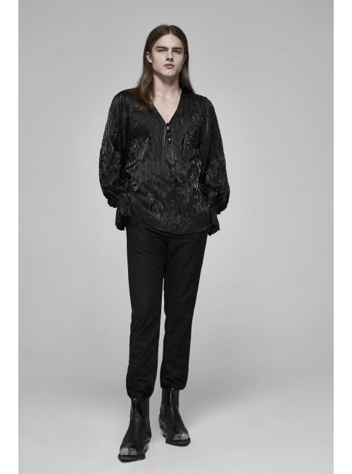 V-Neck Collar Front Chest Decoration Button Long Sleeve Flounce Cuff Black Gothic Pleated Shirt