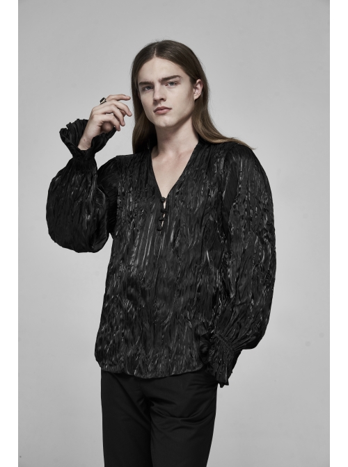 V-Neck Collar Front Chest Decoration Button Long Sleeve Flounce Cuff Black Gothic Pleated Shirt