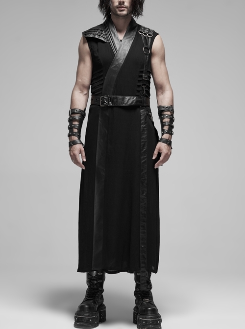 V-Neck Metal Ring Strap Metal Buckle Belt Black Punk Imitation Leather Woven Long Vest Coat