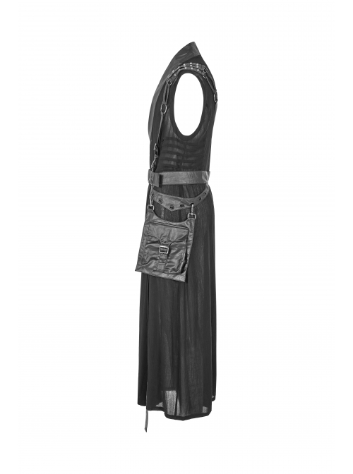 V-Neck Metal Ring Strap Metal Buckle Belt Black Punk Imitation Leather Woven Long Vest Coat