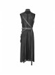 V-Neck Metal Ring Strap Metal Buckle Belt Black Punk Imitation Leather Woven Long Vest Coat
