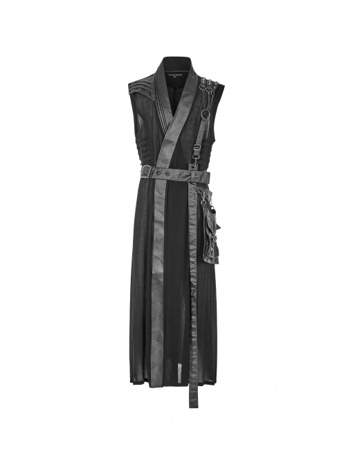 V-Neck Metal Ring Strap Metal Buckle Belt Black Punk Imitation Leather Woven Long Vest Coat