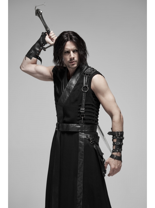 V-Neck Metal Ring Strap Metal Buckle Belt Black Punk Imitation Leather Woven Long Vest Coat
