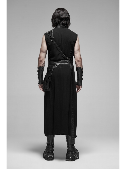V-Neck Metal Ring Strap Metal Buckle Belt Black Punk Imitation Leather Woven Long Vest Coat