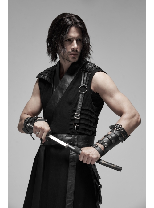 V-Neck Metal Ring Strap Metal Buckle Belt Black Punk Imitation Leather Woven Long Vest Coat