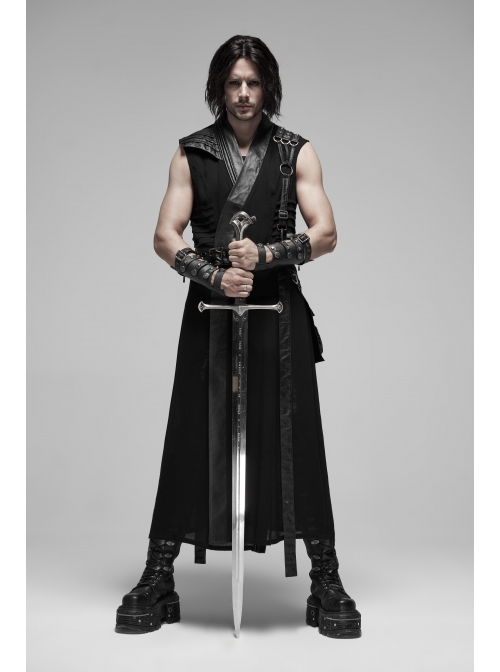 V-Neck Metal Ring Strap Metal Buckle Belt Black Punk Imitation Leather Woven Long Vest Coat