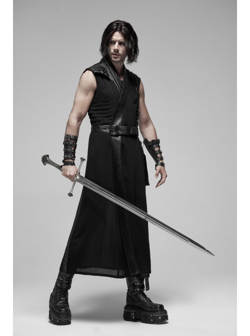 V-Neck Metal Ring Strap Metal Buckle Belt Black Punk Imitation Leather Woven Long Vest Coat