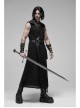 V-Neck Metal Ring Strap Metal Buckle Belt Black Punk Imitation Leather Woven Long Vest Coat