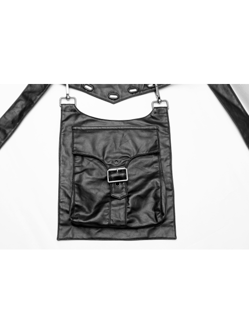 V-Neck Metal Ring Strap Metal Buckle Belt Black Punk Imitation Leather Woven Long Vest Coat