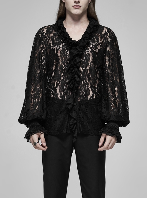 V-Neck Frill Collar Bubble Sleeve Flounce Cuff Black Gothic Transparent Lace Shirt