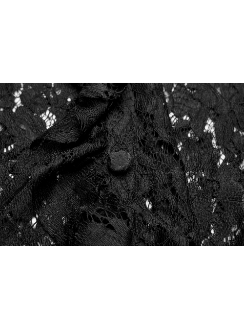 V-Neck Frill Collar Bubble Sleeve Flounce Cuff Black Gothic Transparent Lace Shirt