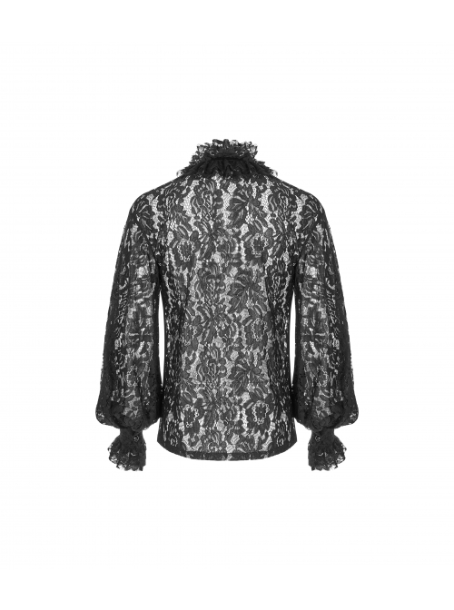 V-Neck Frill Collar Bubble Sleeve Flounce Cuff Black Gothic Transparent Lace Shirt