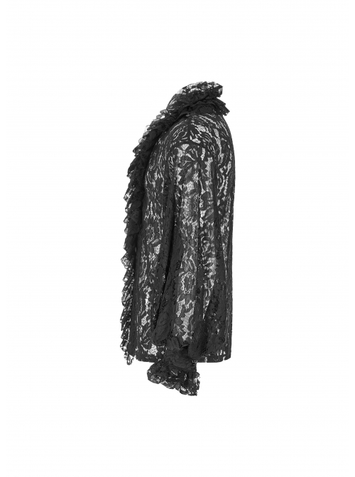 V-Neck Frill Collar Bubble Sleeve Flounce Cuff Black Gothic Transparent Lace Shirt