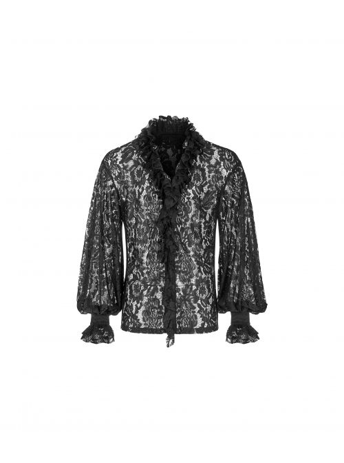 V-Neck Frill Collar Bubble Sleeve Flounce Cuff Black Gothic Transparent Lace Shirt